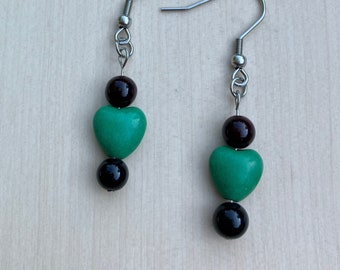 Earrings, One Pair, Dangles, Heart Beads, Glass, Stainless Steel Ear Wires, Lightweight, 2" Long, Fishhook Style, Dark Red, Green, Round