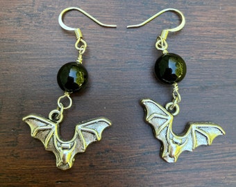 Silver Earrings, One Pair, Dangles, Bats, Crackle Glass Beads, Stainless Steel Ear Wires, Lightweight, 2.25" Long, Fishhook Style, Black