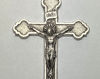 1 Crucifix Charm - 49mm Long, Large Size, Silver Plate Metal, Silver Color, Rosary Parts, Crucifixes, High Detailing, Single Sided, Italy