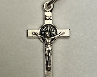 1 Crucifix Charm - 23mm Long, Silver Plated Metal, Silver Color, Rosary Parts, Crucifixes, Simple Style, Cross, Pendant, Benedictine, Italy