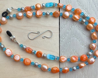 Eyeglasses Chain, Pearls Glass Beads, with Necklace Converter, 27" Long, Beautiful Orange Blue Colors, Plated Metal Findings, Glasses Chain