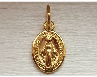 Patron Saint Medal Finding, Mary Immaculate, Tiny, Die Cast Plating, Gold Color, Oxidized Metal, Made in Italy, Charm, Drop