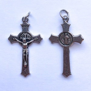 1 Crucifix Charm - 38mm Long, Jesus, St. Benedict, Large, Silver Plate Metal, Silver Color, Rosary Parts, Crucifixes, Flared Edges, Detailed