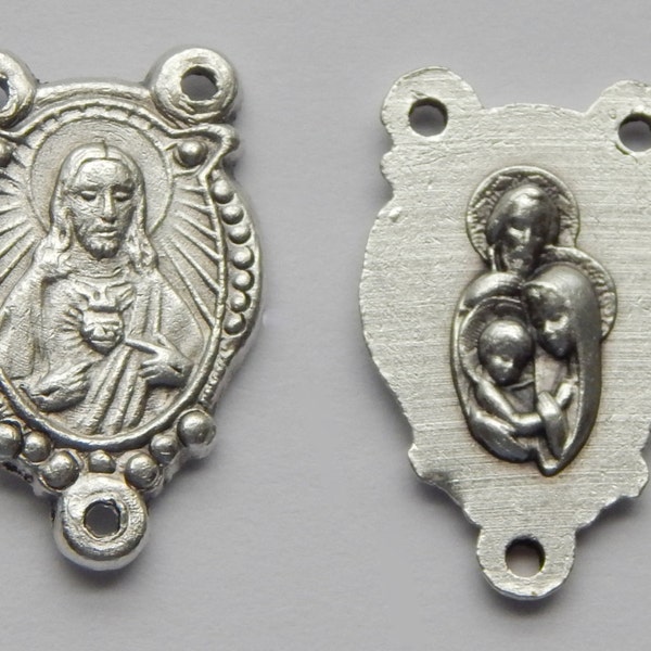 Rosary Center Piece Finding - 23mm Long, Sacred Heart of Jesus, Holy Family, Silver Color Oxidized Metal, Rosary Center