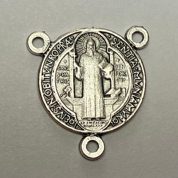 1 Rosary Center Piece - 22mm Tall, St. Benedict, Silver Filled Oxidized Base Metal, Silver Color, Rosary Parts, Connector, Religious, Italy