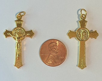 1 Crucifix Charm - 38mm Long, Jesus, St. Benedict, Large, Gold Plate Metal, Gold Color, Rosary Parts, Crucifixes, Flared Edges, Detailed