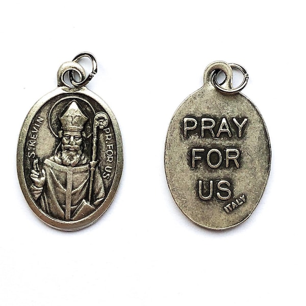 Patron Saint Medal Finding - St. Kevin, Saint, Die Cast Silverplate, Silver Color, Oxidized Metal, Made in Italy, Charm, Religious, Medal