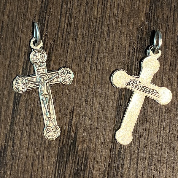 1 Crucifix Charm - 29mm Long, Roma, Flourish Detail, Tarnish Resistant Coated Base Metal, Silver Color, Rosary Parts, Crucifix, Inri, Cross