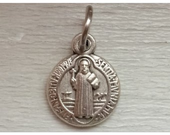 Patron Saint Medal Finding - St. Benedict, Tiny, Round, Die Cast Silver Plate, Silver Color, Oxidized Metal, Religious, Charm, Drop