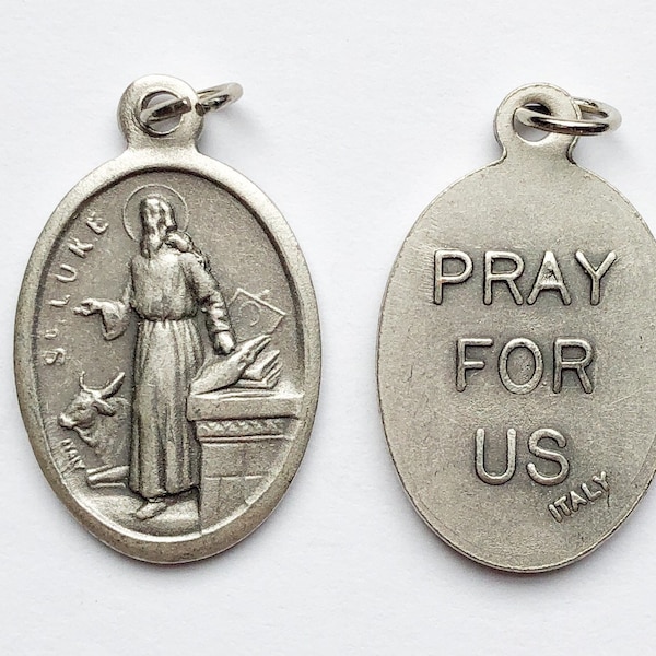 Patron Saint Medal Finding - St. Luke, Saint, Die Cast Silverplate, Silver Color, Oxidized Metal, Made in Italy, Charm, Religious, Medal