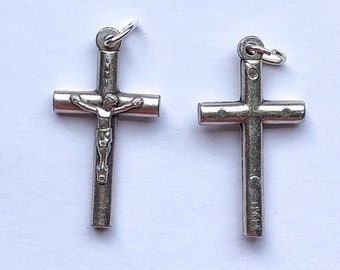 1 Crucifix Charm - 28mm Long, Jesus, Plain Style, Medium, Silver Plate Metal, Silver Color, Rosary Parts, Crucifixes, Round, Detailed, Drop