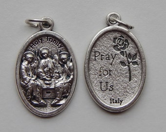 Patron Saint Medal Finding - The Holy Trinity, Pray, Die Cast Silverplate, Silver Color Oxidized Metal, Made in Italy, Christian