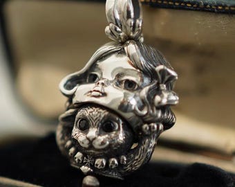 Genuine Sterling Silver 925 Original Design Retro trendy One of a kind cat kitty wear girl headgear lucky Pendant 912