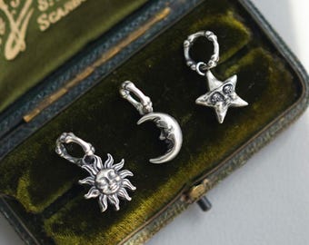 Genuine Sterling Silver 925 Original Design Retro trendy Star Sun Moon Charm Both side Pendant 912