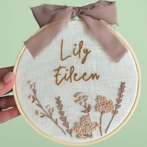 Custom Finished Embroidered Name Hoop – Personalized Floral Embroidery Art – 6" Handmade Wall Decor – Baby Announcement Gift – Boho Keepsake