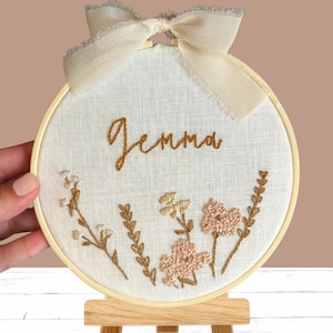 Custom Finished Embroidered Name Hoop – Personalized Floral Embroidery Art – 6" Handmade Wall Decor – Baby Announcement Gift – Boho Keepsake