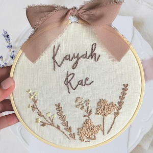 Custom Finished Embroidered Name Hoop – Personalized Floral Embroidery Art – 6" Handmade Wall Decor – Baby Announcement Gift – Boho Keepsake