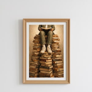 May include: Framed print of a person sitting atop a large stack of books, engrossed in reading. The books are various sizes and shades of brown. The person is wearing a green jacket, pants, and white sneakers. The background is a sepia tone.