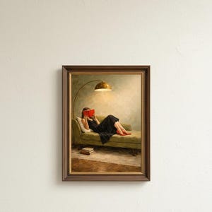 Large Woman Reading Canvas Wall Art | Green Chair Painting with Red Shoes | Cozy Reading Room Decor | Vintage Style