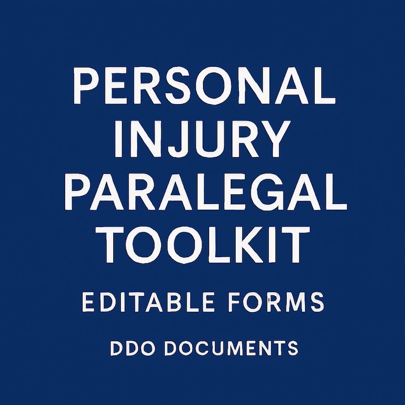 K&ouml;nnte beinhalten: Ein blauer Hintergrund mit wei&szlig;em Text, der "Personal Injury Paralegal Toolkit Editable Forms DDO Documents" lautet.