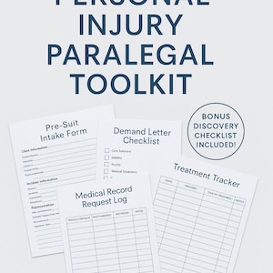 Kit de herramientas para asistentes legales en lesiones personales / Plantillas y listas de verificación legales editables / Admisión, demanda, registros, descubrimiento