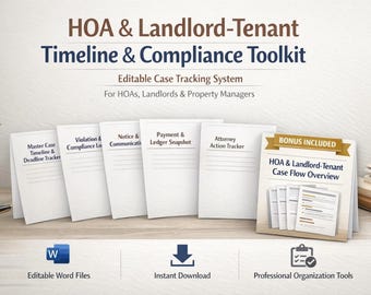 Pode incluir: Uma coleção de pastas de arquivos brancas para gerenciamento de HOA e inquilinos, incluindo uma visão geral de bônus. O título diz "HOA & Landlord-Tenant Timeline & Compliance Toolkit". Texto adicional inclui "Editable Case Tracking System".