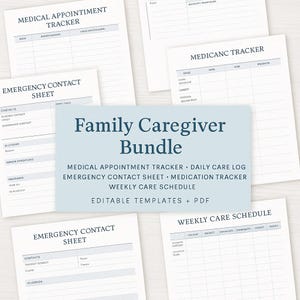 Puede incluir: Un paquete imprimible de recursos para cuidadores familiares, que incluye un rastreador de citas m&eacute;dicas, un registro de atenci&oacute;n diaria, una hoja de contacto de emergencia, un rastreador de medicamentos y un horario de atenci&oacute;n semanal. El paquete est&aacute; disponible como plantillas PDF editables.