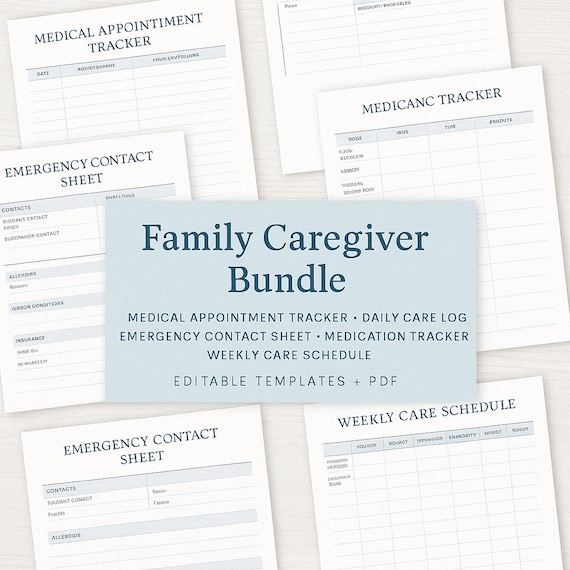 Family Caregiver Printable Bundle | Medical Tracker, Daily Log, Emergency Sheet & More | Editable Templates + PDF | Caregiver Planner Kit
