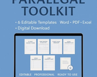 Paralegal Toolkit | Editable Legal Templates + Printables | Checklists, Logs, Forms, Bonus Case Sheet | Instant Download | Excel Word