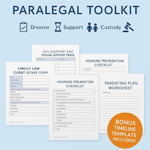 May include: A blue and white Family Law Paralegal Toolkit with checklists and forms for divorce, support, and custody. Includes a client intake form, hearing preparation checklist, and parenting plan worksheet. Bonus timeline template included.