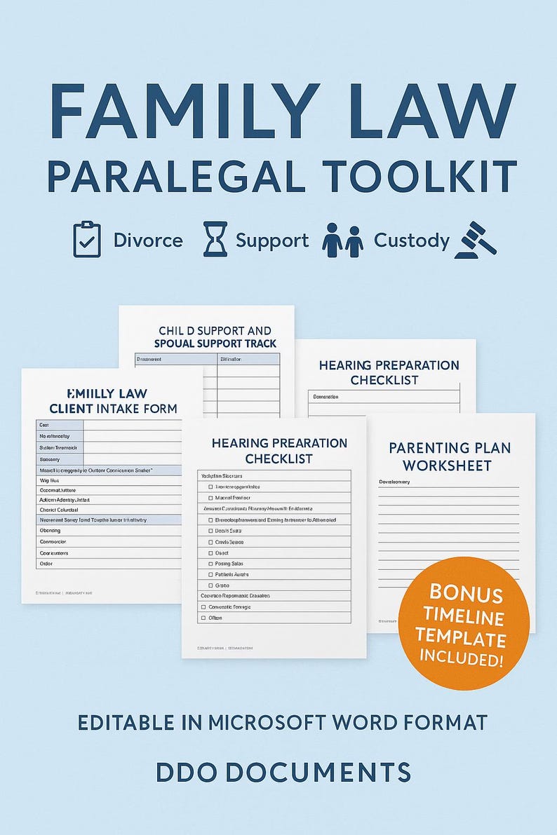 May include: A blue and white Family Law Paralegal Toolkit with checklists and forms for divorce, support, and custody. Includes a client intake form, hearing preparation checklist, and parenting plan worksheet. Bonus timeline template included.