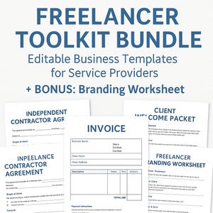 May include: A set of printable business templates for freelancers, including an independent contractor agreement, an invoice, a client welcome packet, and a freelancer branding worksheet. The templates are editable and designed for service providers.
