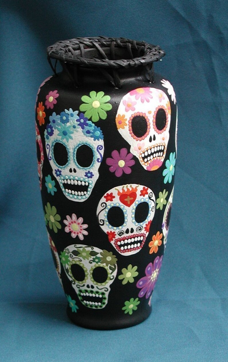 Day of the Dead Sugar Skulls and Flowers Vase Custom Order Etsy Dead skirt bustle jessica project easy