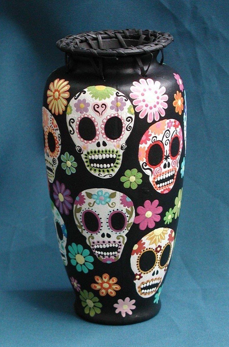 Day of the Dead Sugar Skulls and Flowers Vase Custom Order Etsy