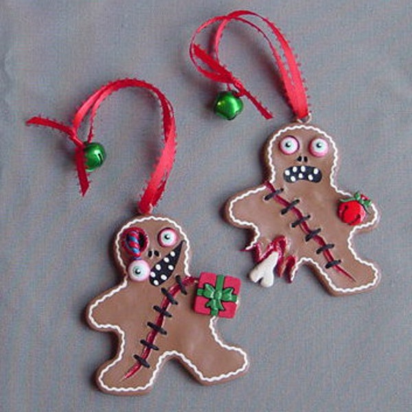 RESERVED For nstockley Zombie Gingerbread Men Handmade Handpainted Creepy Cute Set Of 2 Clay Ornaments