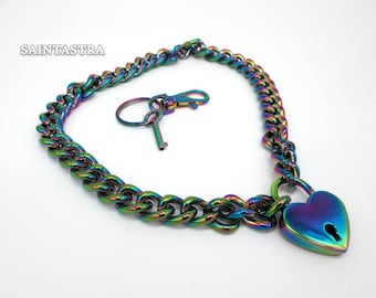 Rainbow Heart Lock Chain Necklace