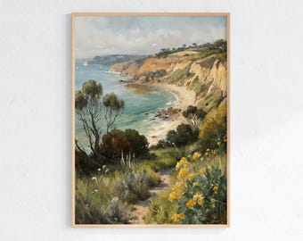 Fiori selvatici costieri sereni, stampa digitale di paesaggio vintage, arte murale vintage serena, schizzo di paesaggio STAMPABILE, download immediato, P0173