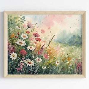 Lebendige Wildblumen Wiese, Vintage Landschaft Digitaldruck, Sommer Vintage Wandkunst, DRUCKBARE Landschaftsmalerei, Instant Download, L2012