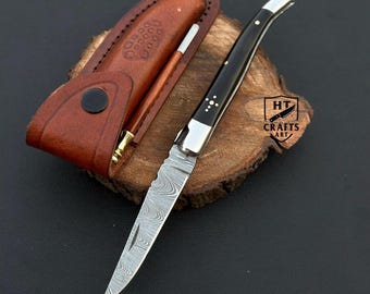 Handmade Damascus Steel Folding Knife, Pocket Knives, Buffalo Horn Handle, Camping Knives, Hand Forged Knife Knife For Gift Anniversary Gift