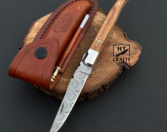 Handmade Damascus Steel Folding Knife, Pocket Knife, Olivewood Handle, Hand Forged Knives Camping Knife, Christmas Gift Anniversary Gift USA