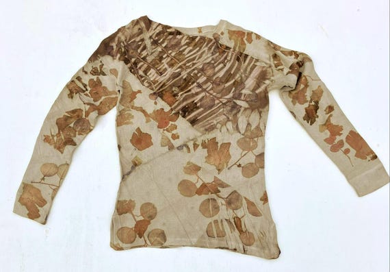 Sweater women's upcycled eco-printed  plant dye hand dyed silk/cotton size S