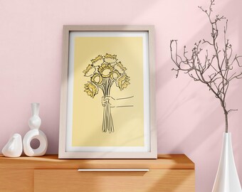 Hand-Drawn Sunflower Bouquet Print – Minimalist Line Art with Yellow Accents for Modern Wall Decor
