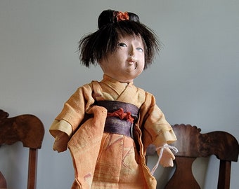 Antique 1868 Japanese Itchimatsu Doll Small 8 1/2 Inch with Silk Kimono, has Damages