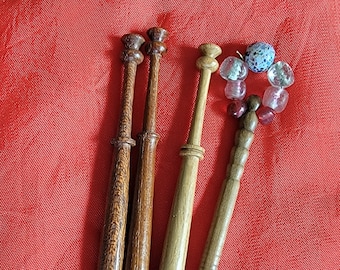 Set of 4 Wooden Lace Making Bobbins - One has Spangles - Vintage