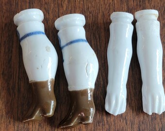 Antique Lower Legs and Arms (2 1/2 in) for a China Doll - Pressed - Brown Boots Blue Bows 1800s