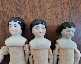 Trio of Dollhouse Antique China Head Dolls - Undressed - late 1800s - Germany - Original Condition - Not played with - 4 and 5 inches