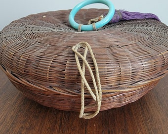 Chinese Sewing Basket with purple tassels  9 inches wide