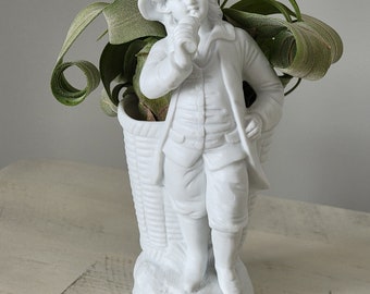 7 Inch White Bisque Parian Boy with Ice Cream or Posy Vase Figurine Vintage or Antique