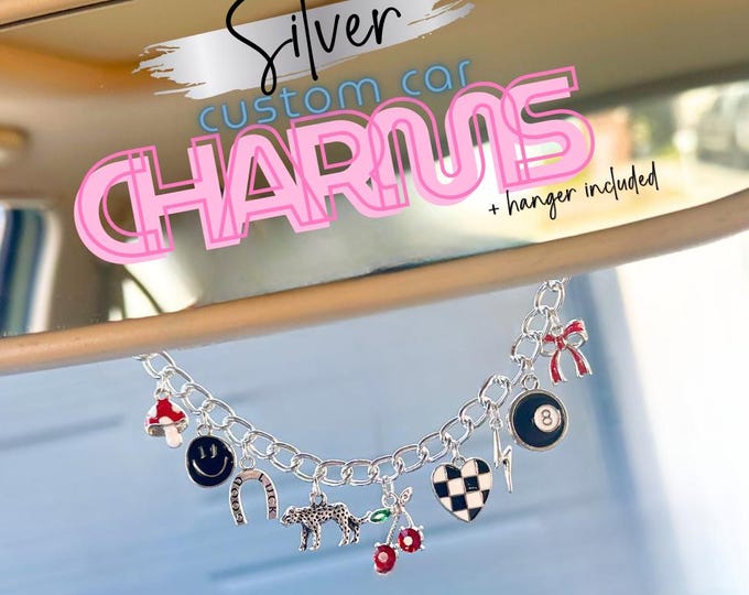 Custom Silver Car Mirror Charm | Choose 7 or 9 Charms | Personalized Rearview Accessory