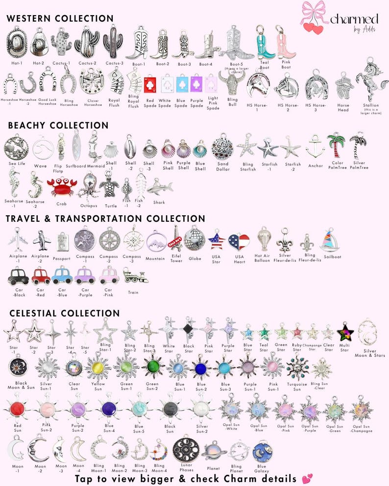 K&ouml;nnte beinhalten: Ein umfassender Katalog von Metallanh&auml;ngern, unterteilt in die Kollektionen Western, Beachy, Travel und Celestial. Jeder Anh&auml;nger ist mit einer eindeutigen Kennung versehen und zeigt verschiedene Formen wie Stiefel, Tiere, Sterne, Sonnen und Monde.